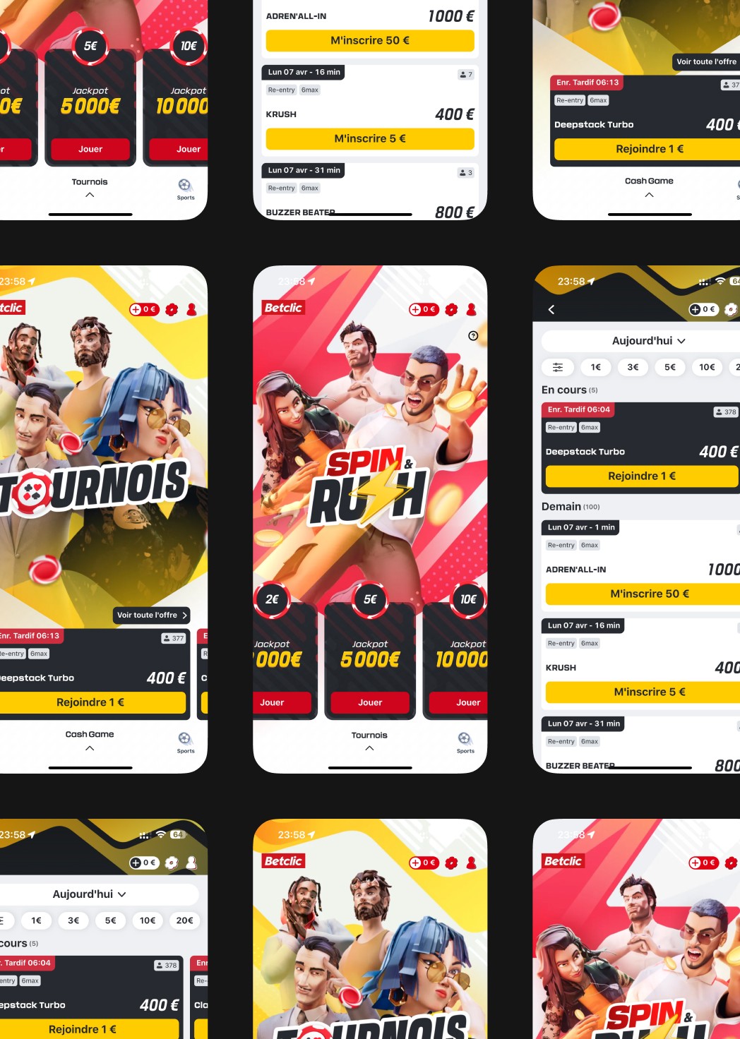 Pantallas de la app móvil de póker de Betclic: torneos Spin & Rush y cash games